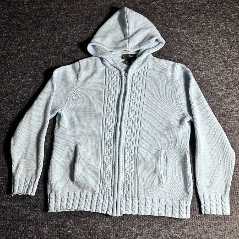Mercer & Madison Light Blue Cable Knit Full Zip Hooded Sweater Cotton Large(D10)